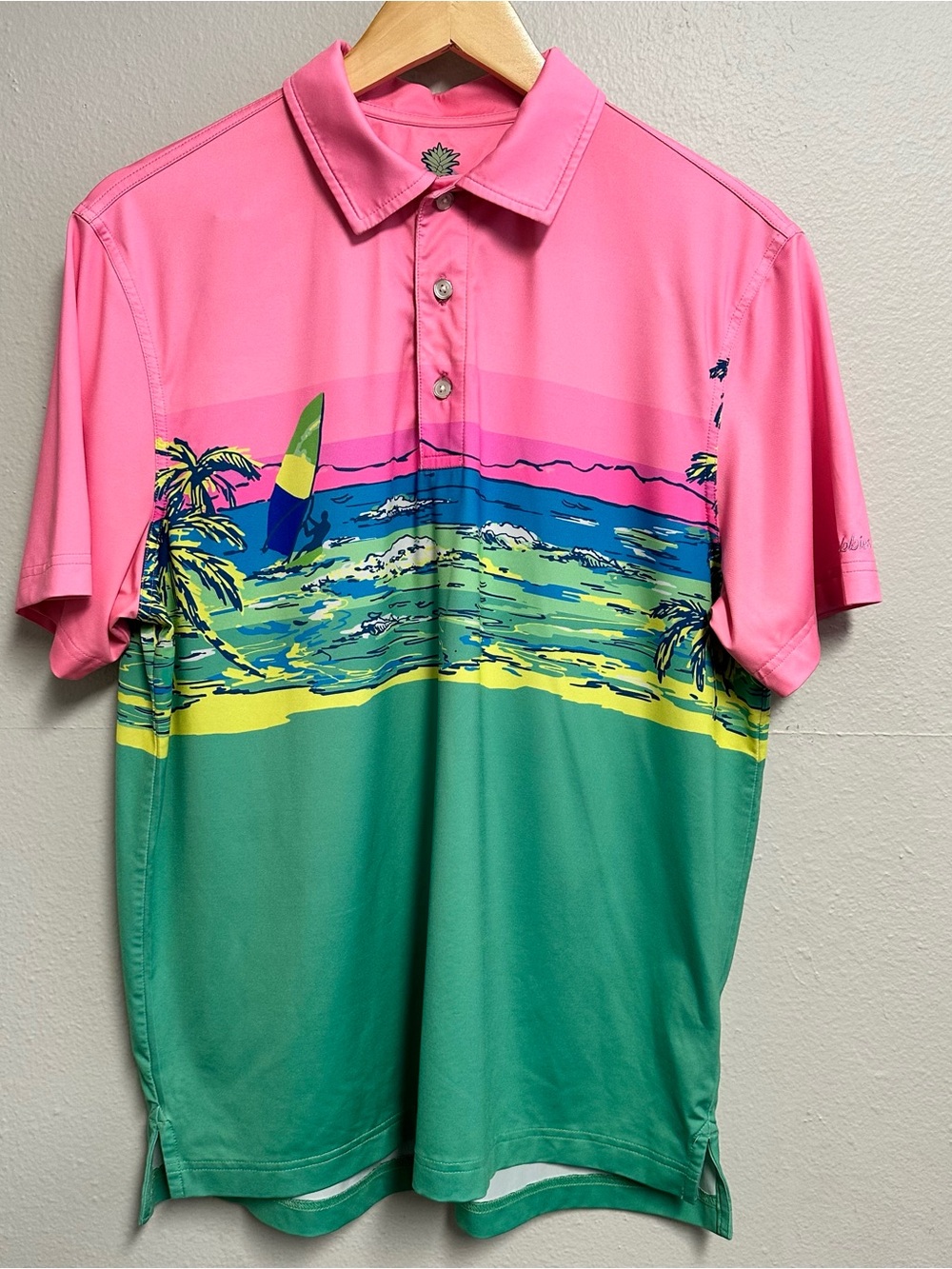 Chubbies Polo Shirt Men Small Pink Green Performance Golf Wicking Beach Surfing